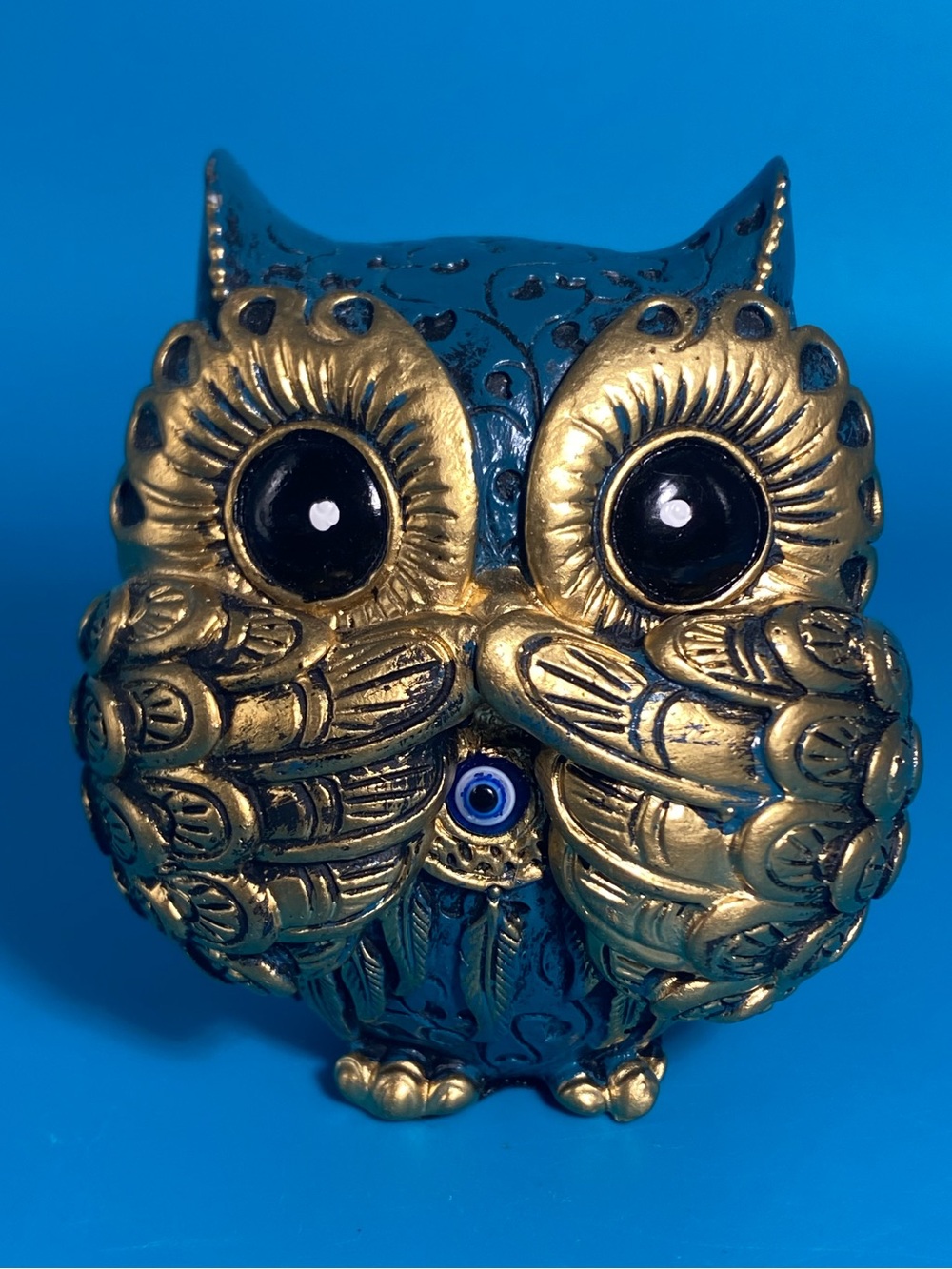 Vintage 3” Owl Figurine - Gold & Blue